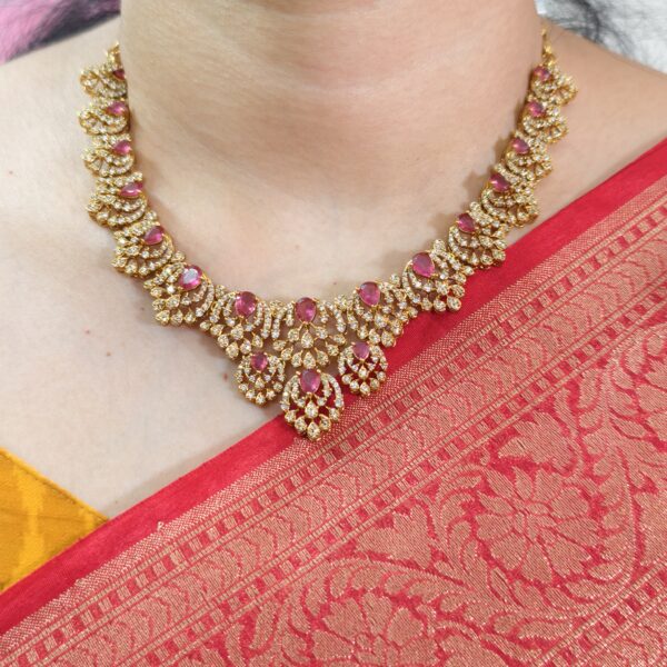 fj2432 diamond look glass pink stone antique finish neckset with backchain and screwback earrings