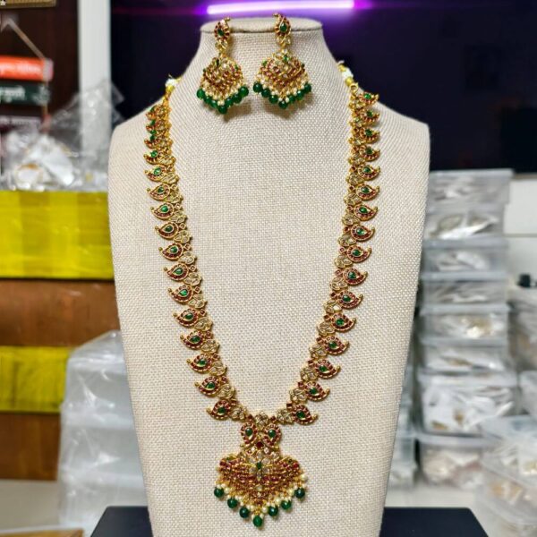 fj2623 antique finish uncut and pota stone long haram with pushback earrings