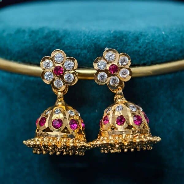 fj2630 traditional micro gold plated white and ruby screw back jhumkas