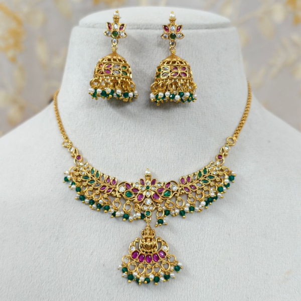 fj3087 premium matt finish lakshmi chocker neckset with pushback jhumkas