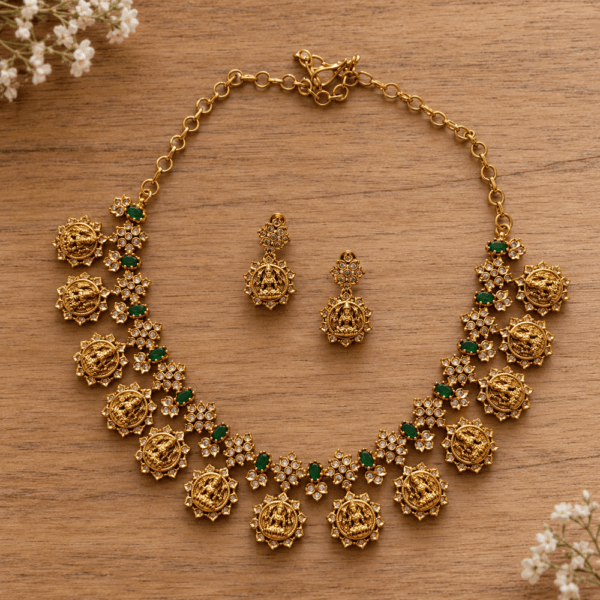 fj3158 gold replica green stone lakshmi neckset with screw back earrings