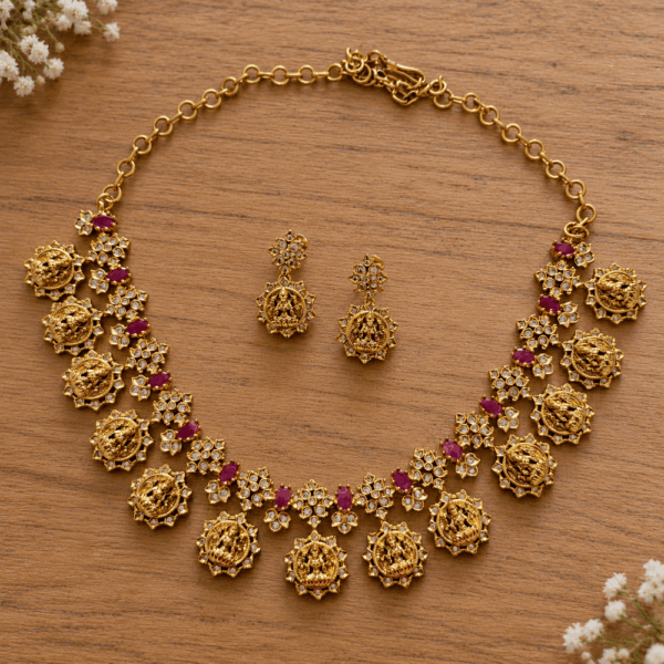 fj3159 gold replica ruby stone lakshmi neckset with screwback earrings and backchain